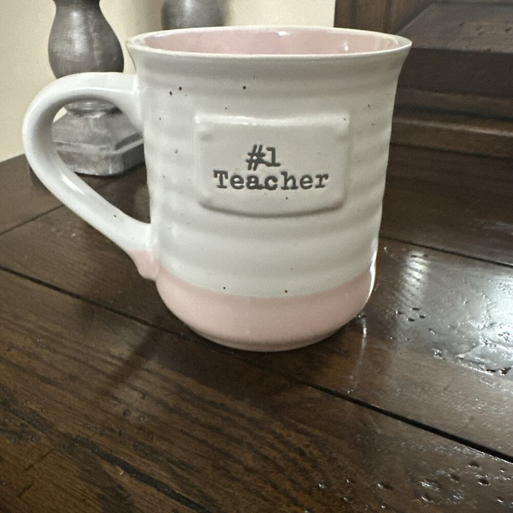 "#1 Teacher" Coffee Tea Mug By Sheffield Home Teacher Gift Pink White Stoneware